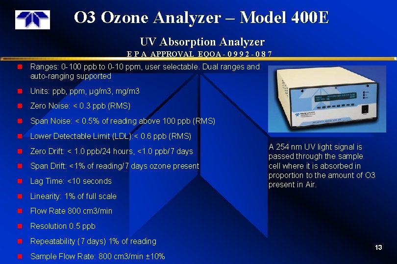 O 3 Ozone Analyzer – Model 400 E UV Absorption Analyzer E P A