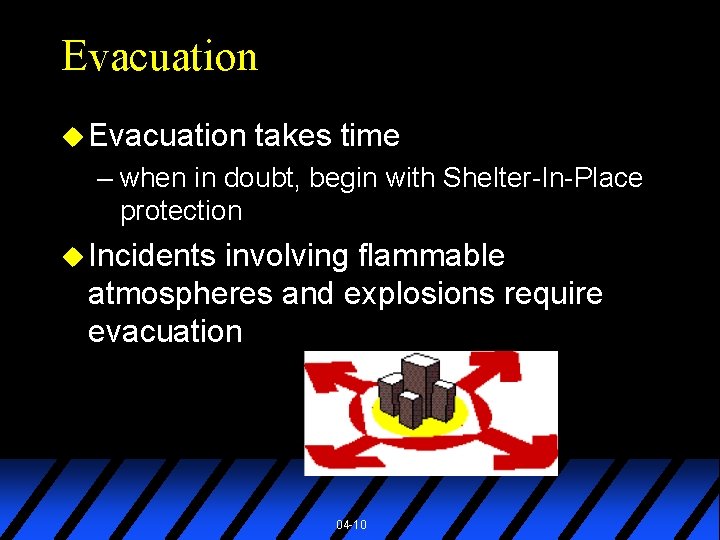 Evacuation u Evacuation takes time – when in doubt, begin with Shelter-In-Place protection u