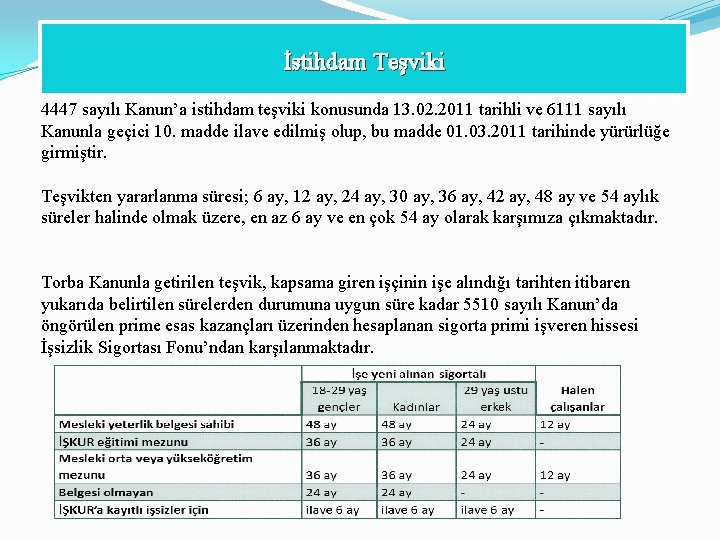 İstihdam Teşviki 4447 sayılı Kanun’a istihdam teşviki konusunda 13. 02. 2011 tarihli ve 6111