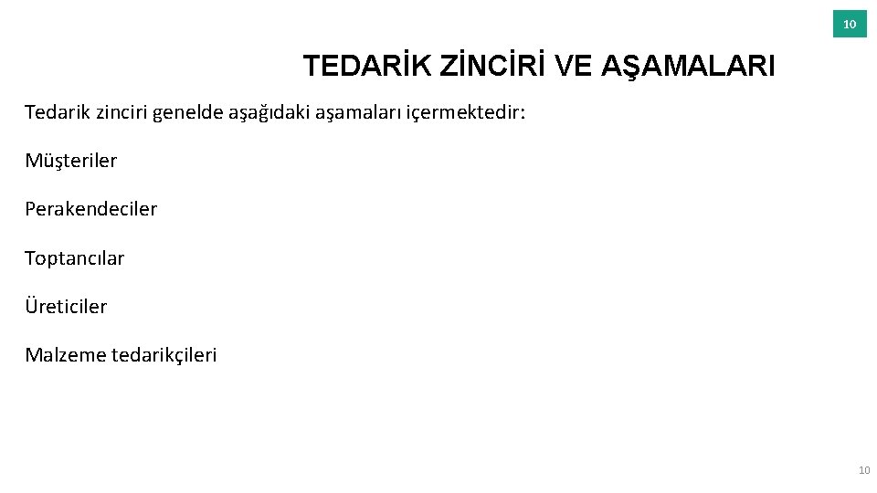 10 TEDARİK ZİNCİRİ VE AŞAMALARI Tedarik zinciri genelde aşağıdaki aşamaları içermektedir: Müşteriler Perakendeciler Toptancılar