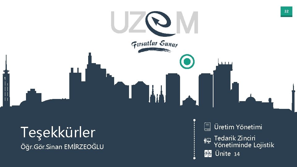 32 Teşekkürler Öğr. Gör. Sinan EMİRZEOĞLU Üretim Yönetimi Tedarik Zinciri Yönetiminde Lojistik Ünite 14