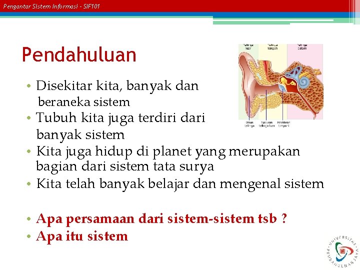 Pengantar Sistem Informasi – SIF 101 Pendahuluan • Disekitar kita, banyak dan beraneka sistem