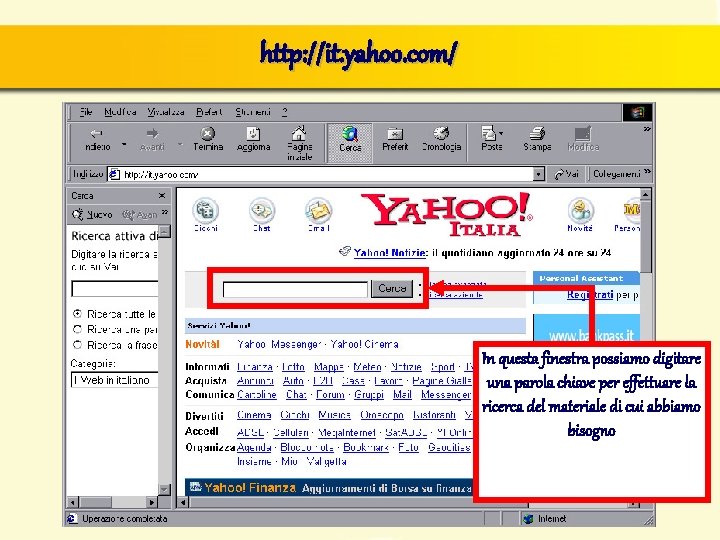 http: //it. yahoo. com/ In questa finestra possiamo digitare una parola chiave per effettuare