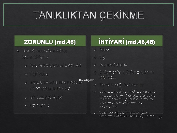 TANIKLIKTAN ÇEKİNME İHTİYARİ (md. 45, 48) ZORUNLU (md. 46) BAZI MESLEK GRUPARINA Nişanlı GETİRİLMİŞTİR.