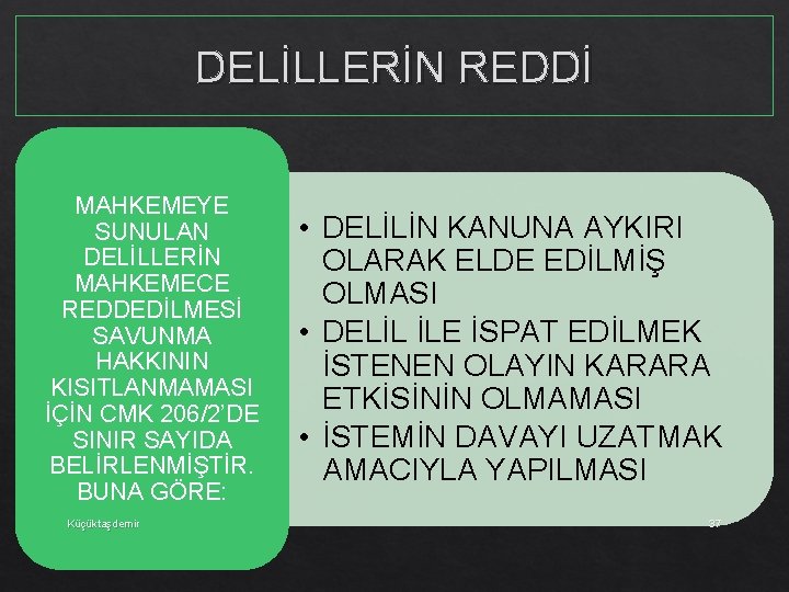 DELİLLERİN REDDİ MAHKEMEYE SUNULAN DELİLLERİN MAHKEMECE REDDEDİLMESİ SAVUNMA HAKKININ KISITLANMAMASI İÇİN CMK 206/2’DE SINIR