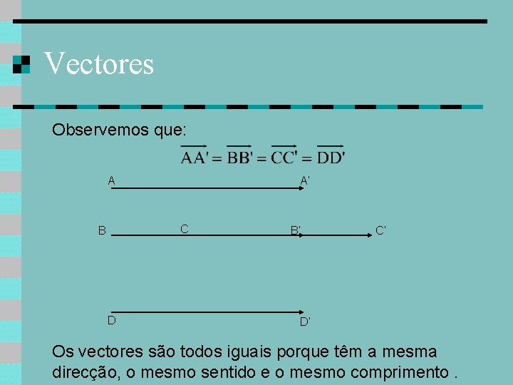 Vectores Observemos que: A A’ C B D B’ C’ D’ Os vectores são