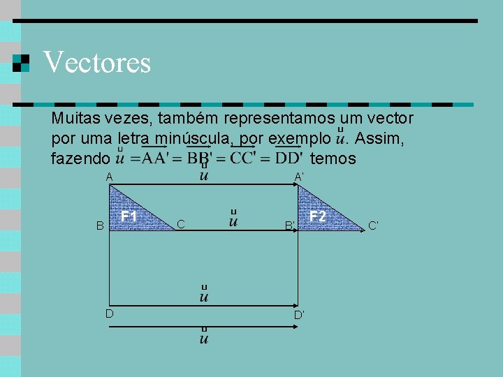 Vectores Muitas vezes, também representamos um vector por uma letra minúscula, por exemplo. Assim,