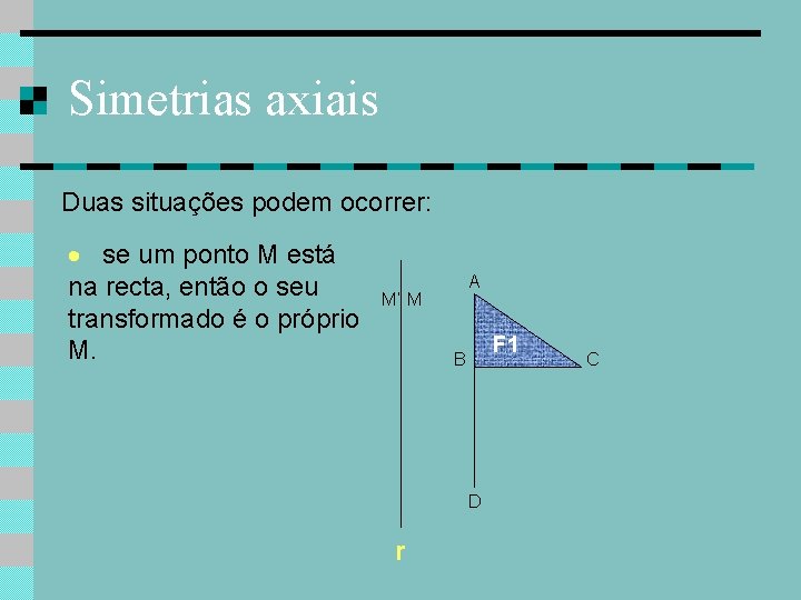 Simetrias axiais Duas situações podem ocorrer: se um ponto M está na recta, então
