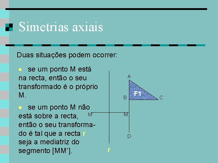 Simetrias axiais Duas situações podem ocorrer: se um ponto M está na recta, então