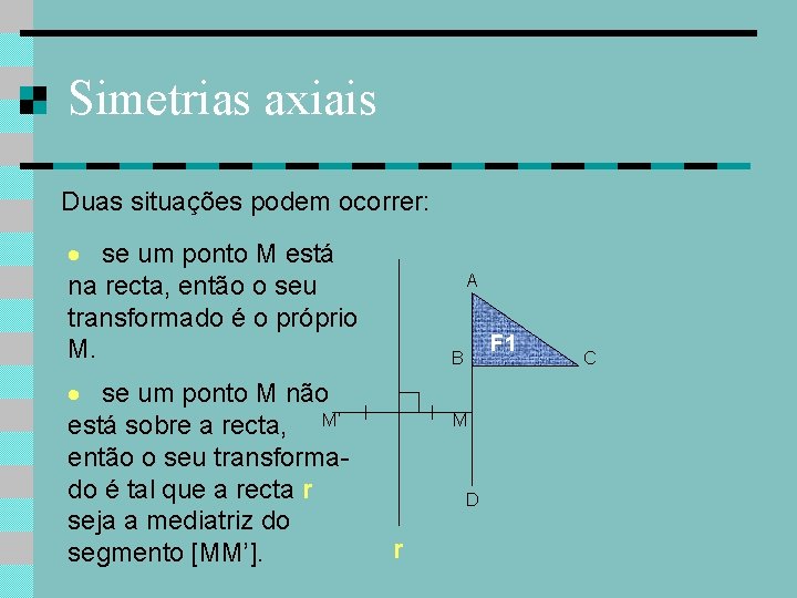 Simetrias axiais Duas situações podem ocorrer: se um ponto M está na recta, então