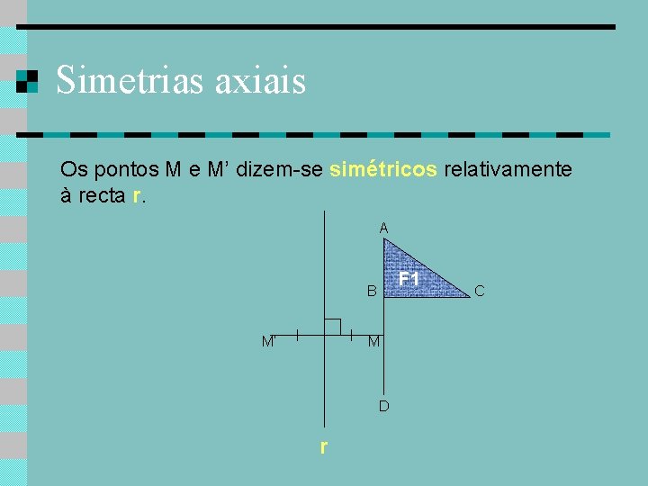 Simetrias axiais Os pontos M e M’ dizem-se simétricos relativamente à recta r. A