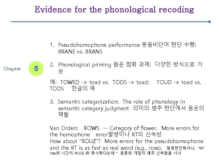 Evidence for the phonological recoding 1. Pseudohomophone performance 동음비단어 판단 수행: BRANE vs. BRANS