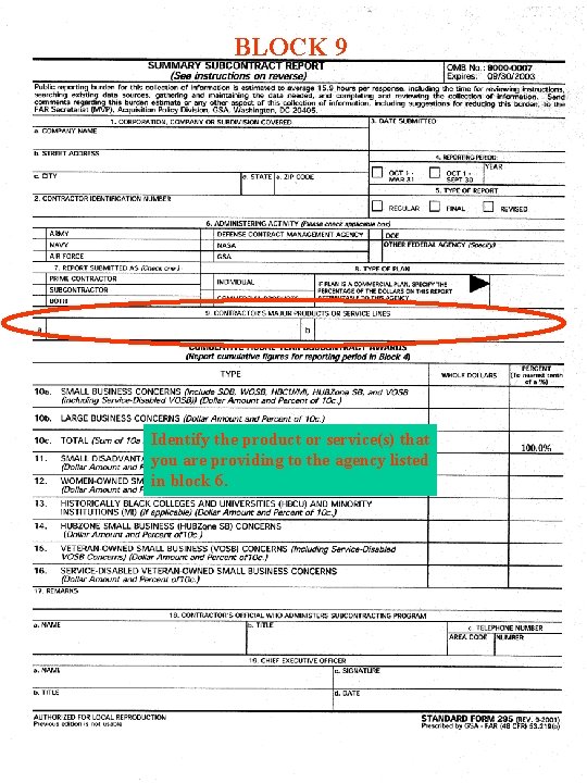 BLOCK 9 Identify the product or service(s) that you are providing to the agency BLOCK 9 Identify the product or service(s) that you are providing to the agency