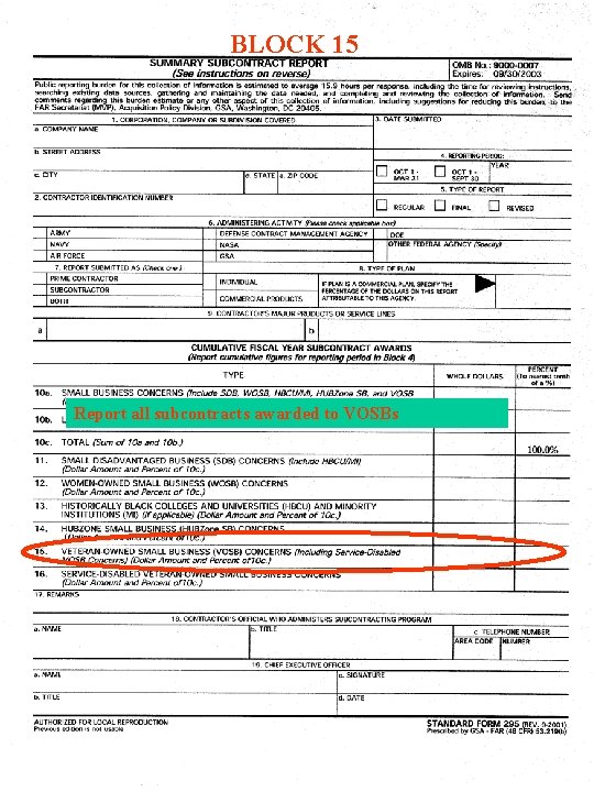 BLOCK 15 Report all subcontracts awarded to VOSBs BLOCK 15 Report all subcontracts awarded to VOSBs