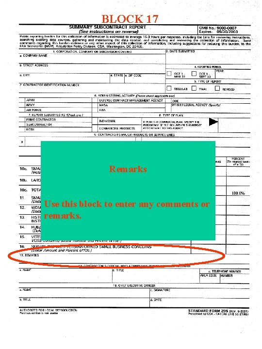 BLOCK 17 Remarks Use this block to enter any comments or remarks. BLOCK 17 Remarks Use this block to enter any comments or remarks.