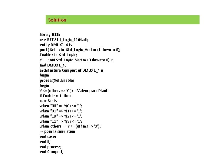 Solution library IEEE; use IEEE. Std_Logic_1164. all; entity DMUX 1_4 is port ( Sel