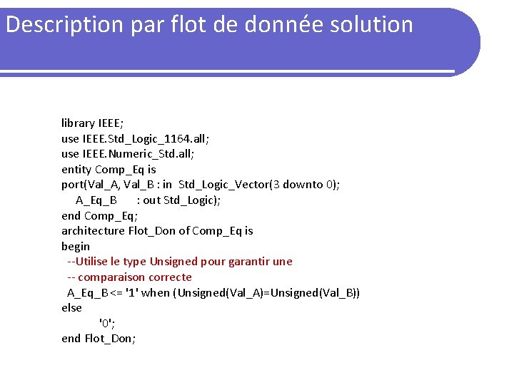 Description par flot de donnée solution library IEEE; use IEEE. Std_Logic_1164. all; use IEEE.