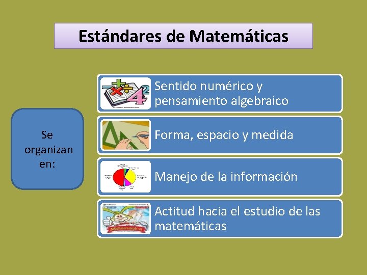 Estándares de Matemáticas Sentido numérico y pensamiento algebraico Se organizan en: Forma, espacio y