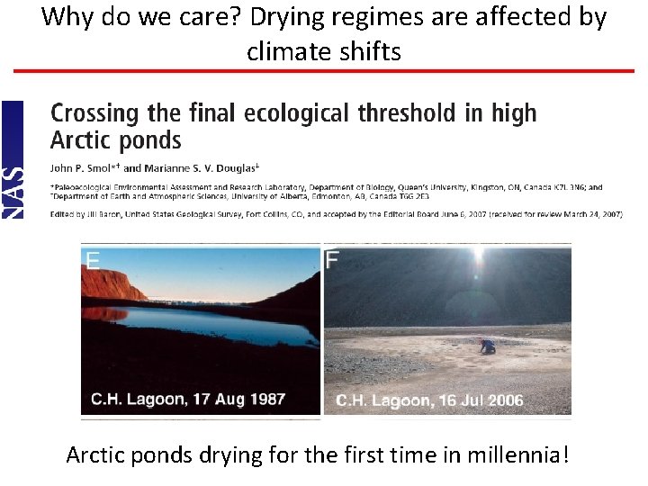 Why do we care? Drying regimes are affected by climate shifts Arctic ponds drying