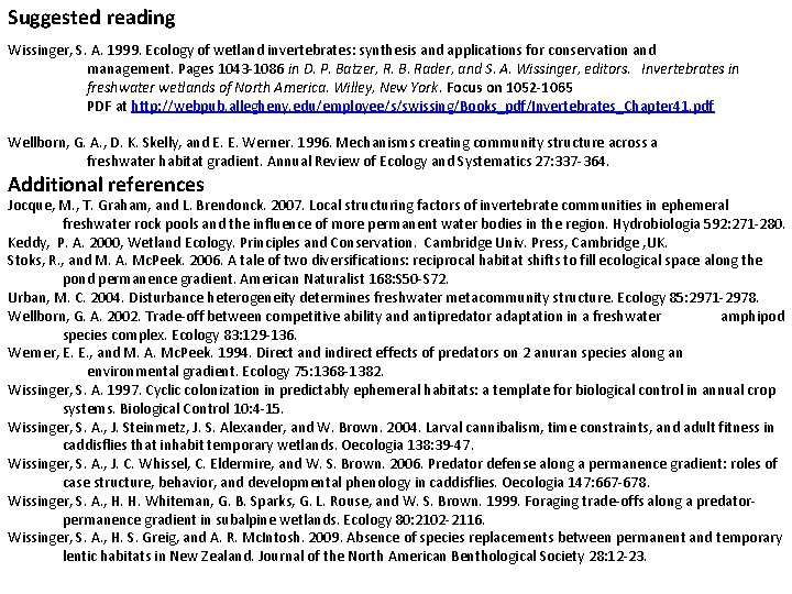 Suggested reading Wissinger, S. A. 1999. Ecology of wetland invertebrates: synthesis and applications for