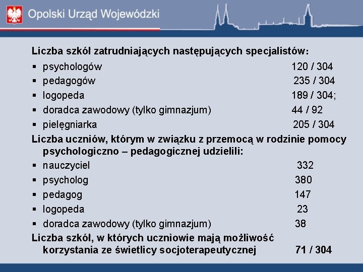 Liczba szkół zatrudniających następujących specjalistów: psychologów 120 / 304 pedagogów 235 / 304 logopeda Liczba szkół zatrudniających następujących specjalistów: psychologów 120 / 304 pedagogów 235 / 304 logopeda