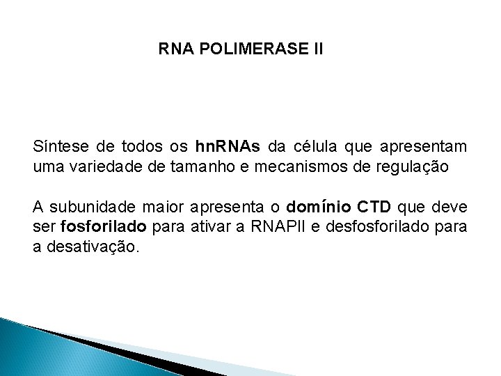 RNA POLIMERASE II Síntese de todos os hn. RNAs da célula que apresentam uma