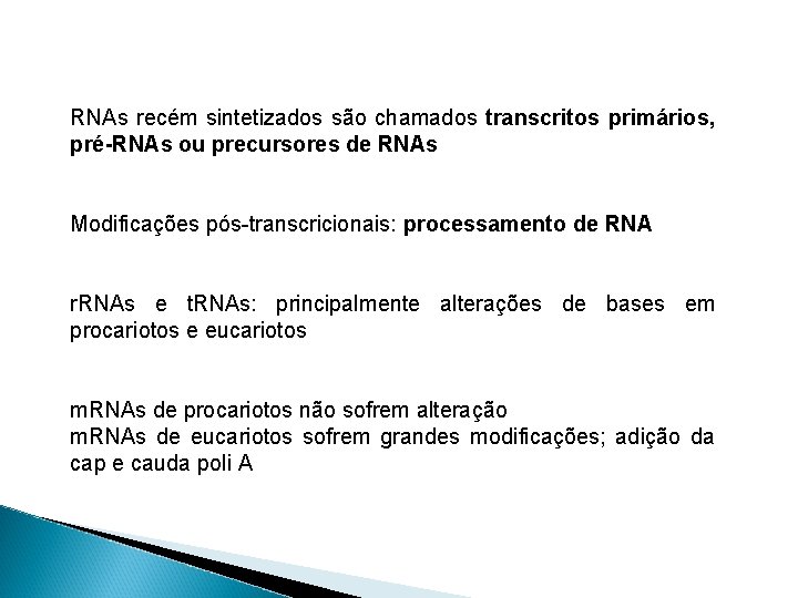 RNAs recém sintetizados são chamados transcritos primários, pré-RNAs ou precursores de RNAs Modificações pós-transcricionais: