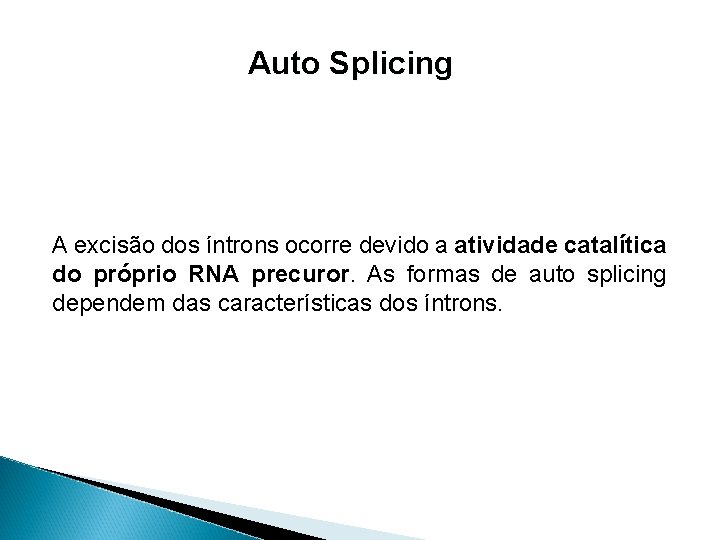 Auto Splicing A excisão dos íntrons ocorre devido a atividade catalítica do próprio RNA