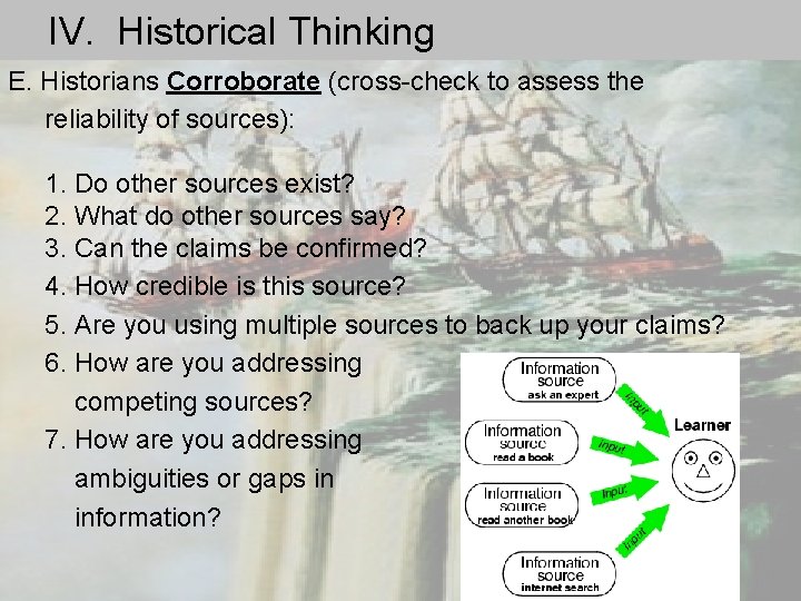 IV. Historical Thinking E. Historians Corroborate (cross-check to assess the reliability of sources): 1.