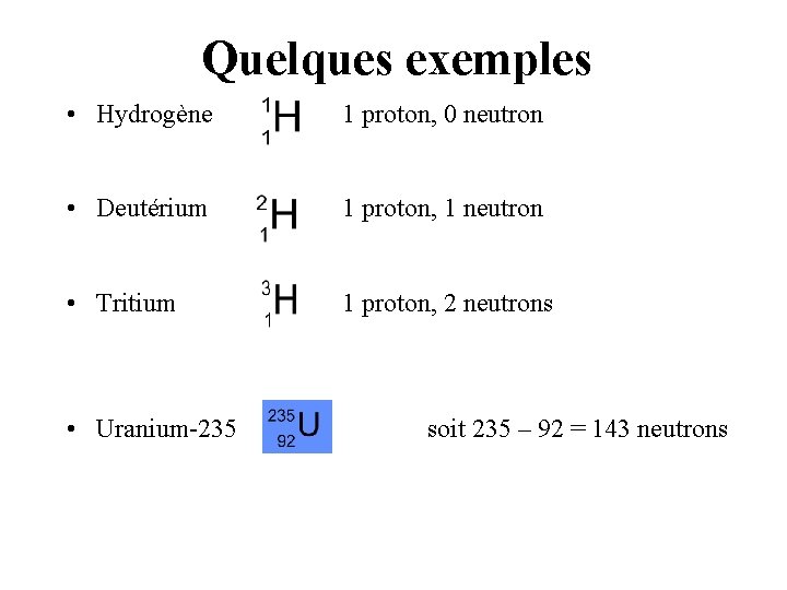 Quelques exemples • Hydrogène 1 proton, 0 neutron • Deutérium 1 proton, 1 neutron