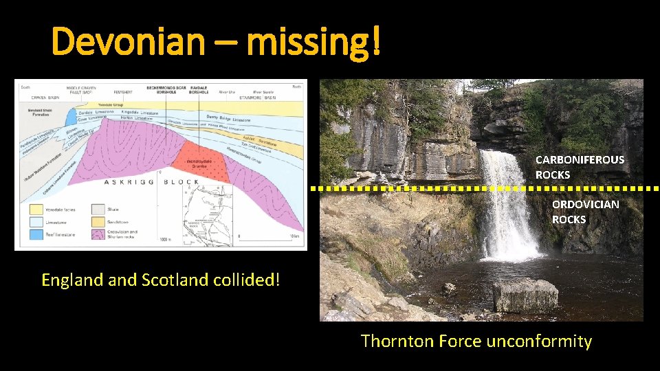 Devonian – missing! CARBONIFEROUS ROCKS ORDOVICIAN ROCKS England Scotland collided! Thornton Force unconformity 