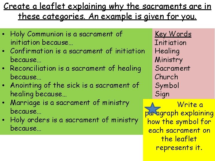 Create a leaflet explaining why the sacraments are in these categories. An example is Create a leaflet explaining why the sacraments are in these categories. An example is