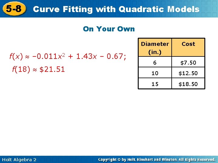 5 -8 Curve Fitting with Quadratic Models On Your Own f(x) – 0. 011