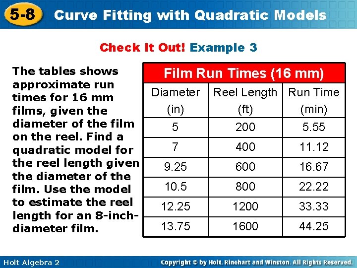 5 -8 Curve Fitting with Quadratic Models Check It Out! Example 3 The tables