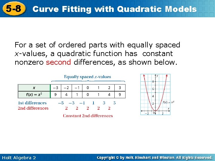 5 -8 Curve Fitting with Quadratic Models For a set of ordered parts with