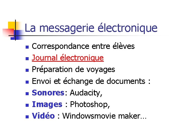 La messagerie électronique n n n n Correspondance entre élèves Journal électronique Préparation de