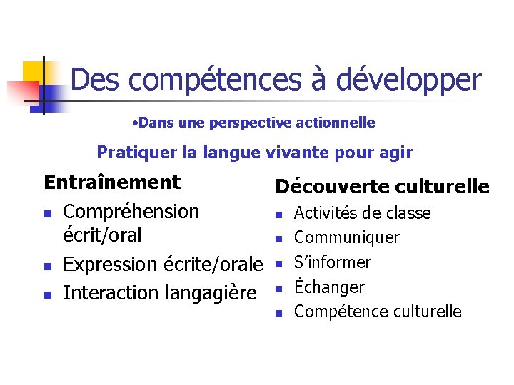 Des compétences à développer • Dans une perspective actionnelle Pratiquer la langue vivante pour