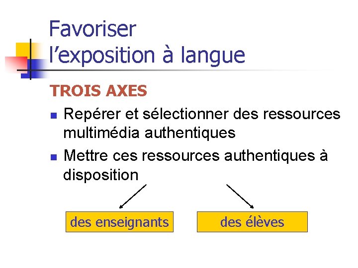 Favoriser l’exposition à langue TROIS AXES n Repérer et sélectionner des ressources multimédia authentiques