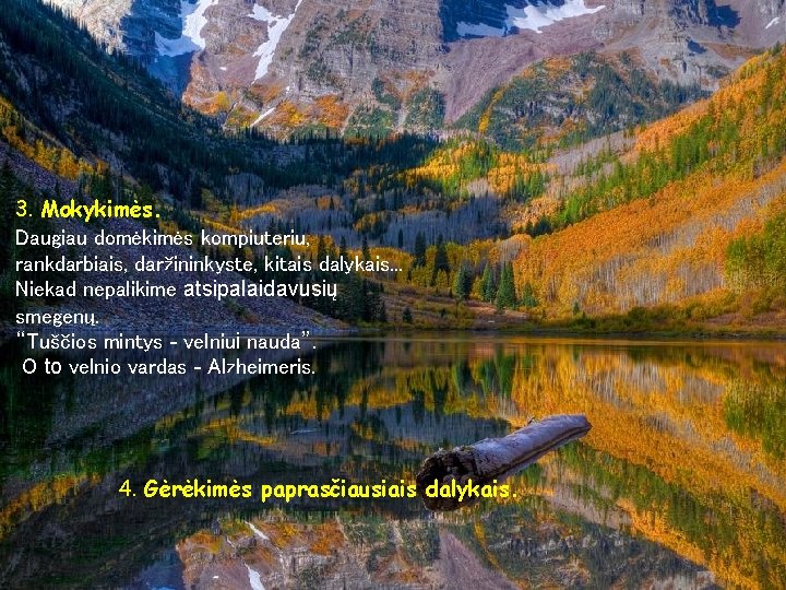 3. Mokykimės. Daugiau domėkimės kompiuteriu, rankdarbiais, daržininkyste, kitais dalykais. . . Niekad nepalikime atsipalaidavusių