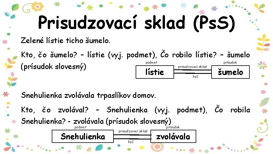 Prisudzovací sklad (Ps. S) Zelené lístie ticho šumelo. Kto, čo šumelo? – lístie (vyj.