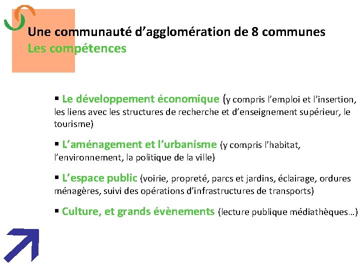 Une communauté d’agglomération de 8 communes Les compétences Le développement économique (y compris l’emploi