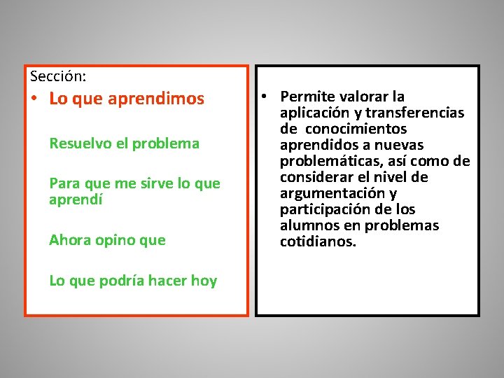 Sección: • Lo que aprendimos Resuelvo el problema Para que me sirve lo que