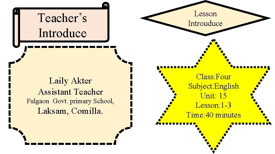 Teacher’s Introduce Lesson Introuduce Laily Akter Assistant Teacher Class: Four Subject: English Unit: 15