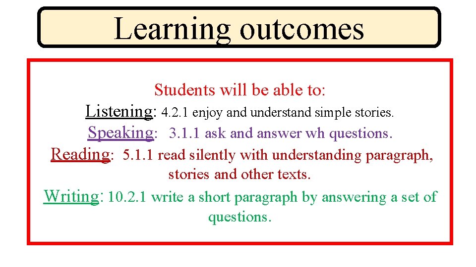 Learning outcomes Students will be able to: Listening: 4. 2. 1 enjoy and understand