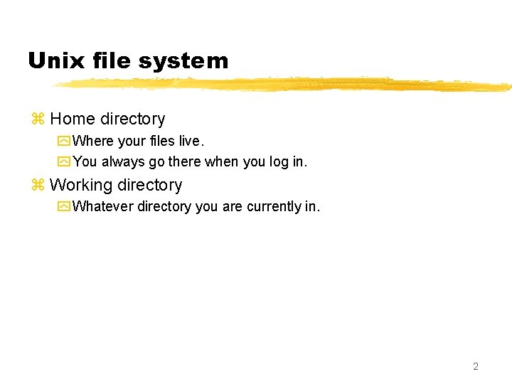 Unix file system z Home directory y Where your files live. y You always
