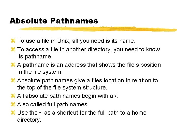 Absolute Pathnames z To use a file in Unix, all you need is its