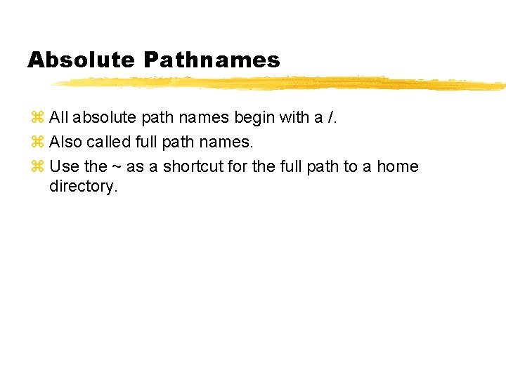 Absolute Pathnames z All absolute path names begin with a /. z Also called
