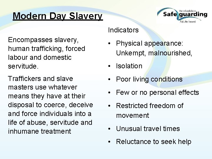 Modern Day Slavery Indicators Encompasses slavery, human trafficking, forced labour and domestic servitude. •