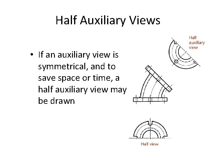 Half Auxiliary Views • If an auxiliary view is symmetrical, and to save space