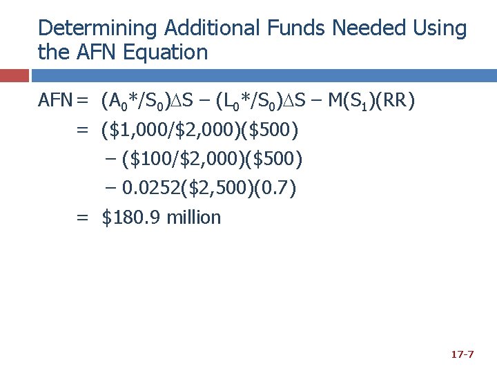 Determining Additional Funds Needed Using the AFN Equation AFN = (A 0*/S 0) S